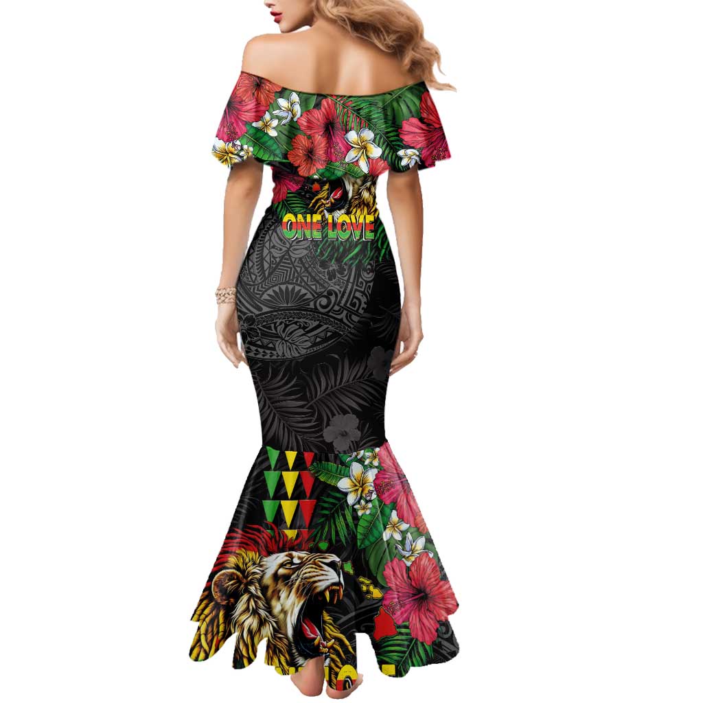 Hawaiian One Love Family Matching Mermaid Dress and Hawaiian Shirt Reggae Lion Tropical Plants and Kakau with Tribal Pattern