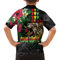 Hawaiian One Love Family Matching Off The Shoulder Long Sleeve Dress and Hawaiian Shirt Reggae Lion Tropical Plants and Kakau with Tribal Pattern