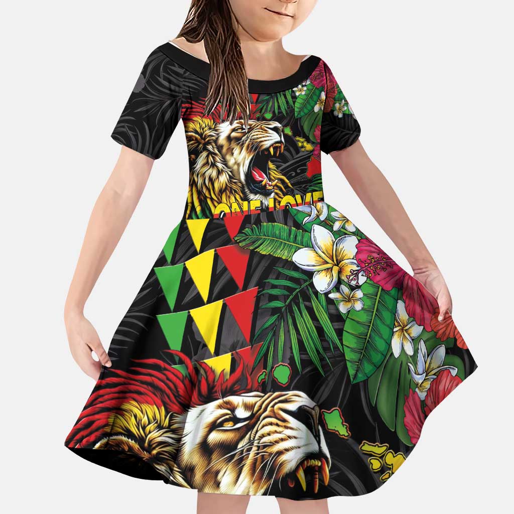 Hawaiian One Love Family Matching Off The Shoulder Long Sleeve Dress and Hawaiian Shirt Reggae Lion Tropical Plants and Kakau with Tribal Pattern