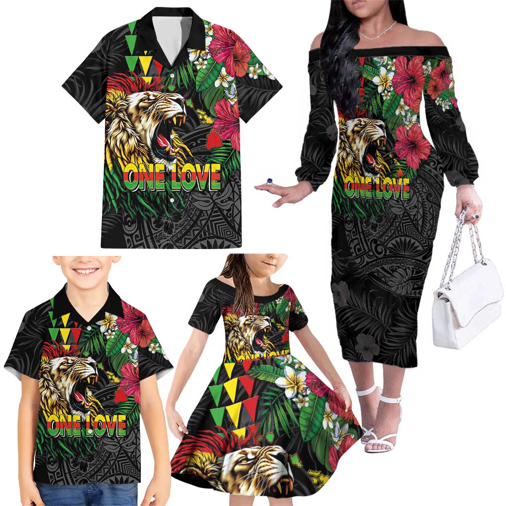 Hawaiian One Love Family Matching Off The Shoulder Long Sleeve Dress and Hawaiian Shirt Reggae Lion Tropical Plants and Kakau with Tribal Pattern