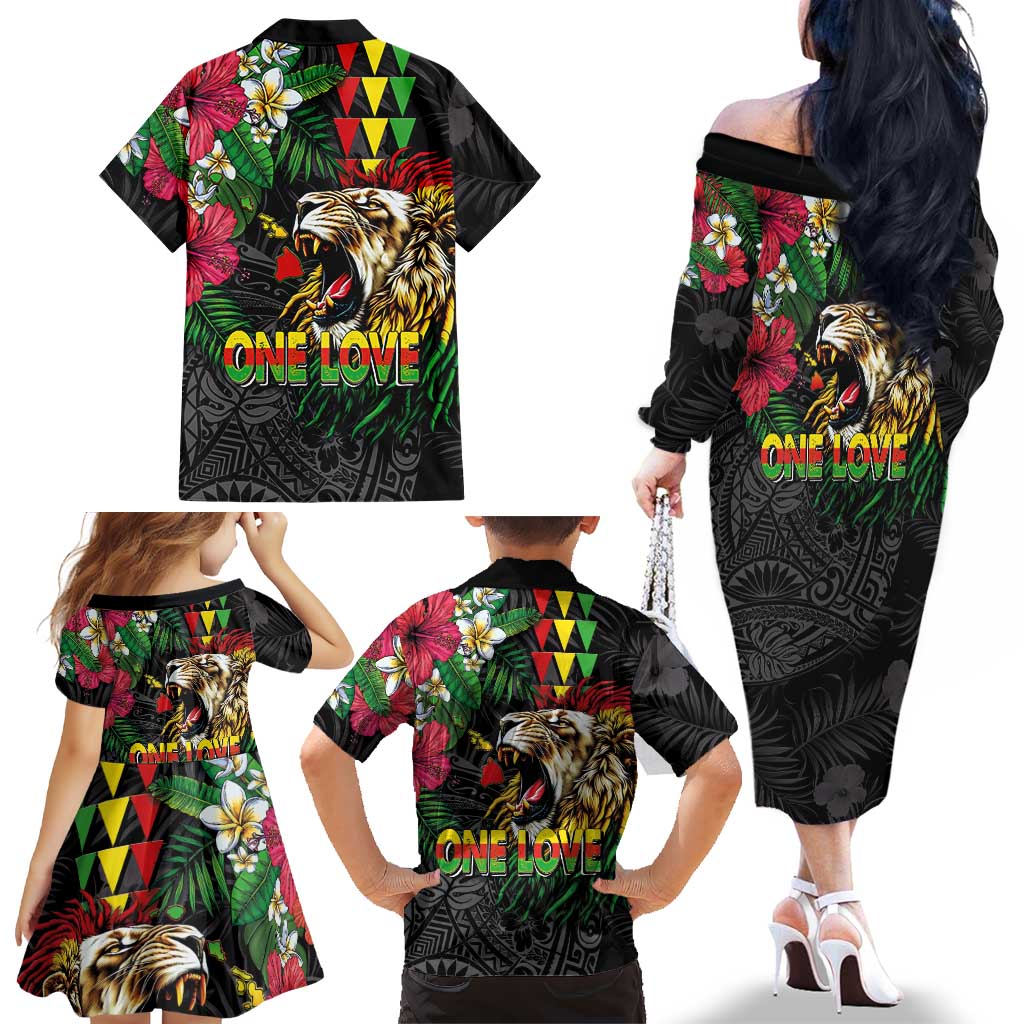 Hawaiian One Love Family Matching Off The Shoulder Long Sleeve Dress and Hawaiian Shirt Reggae Lion Tropical Plants and Kakau with Tribal Pattern