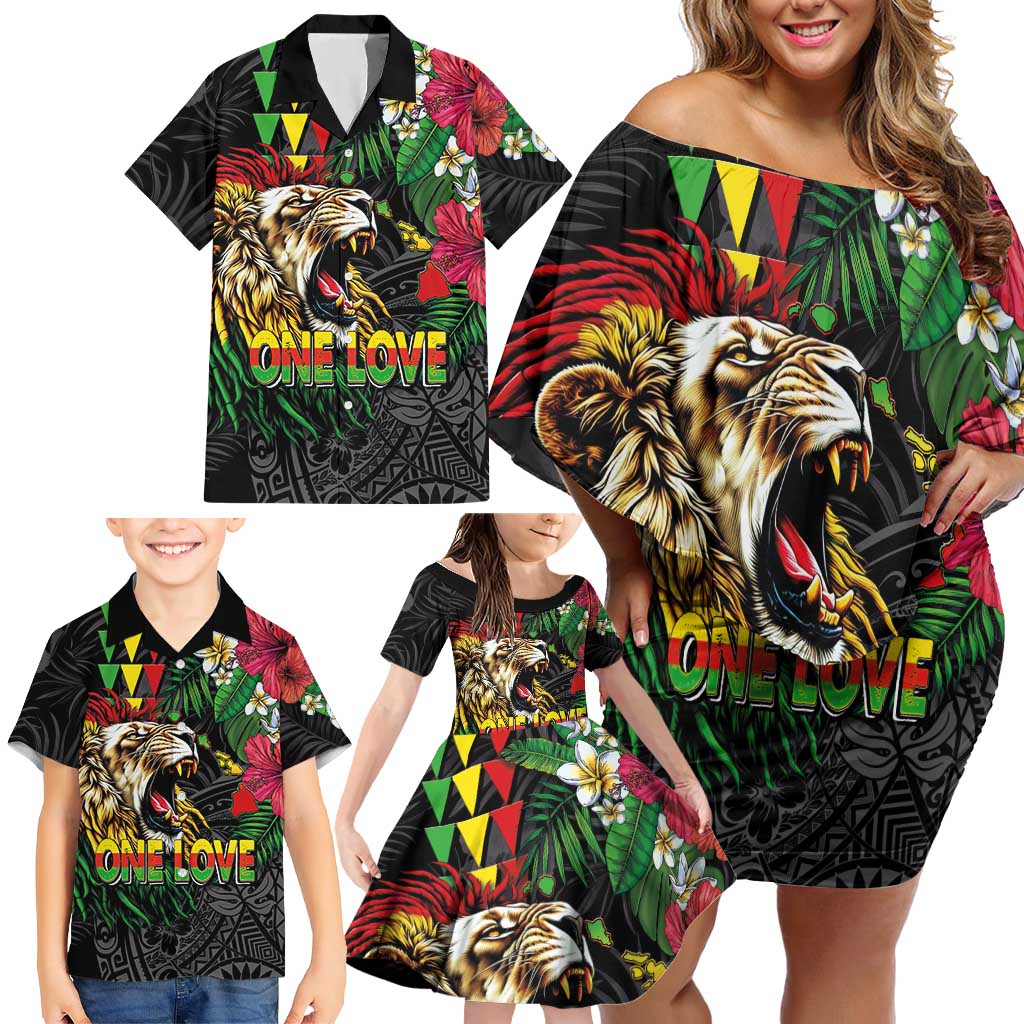 Hawaiian One Love Family Matching Off Shoulder Short Dress and Hawaiian Shirt Reggae Lion Tropical Plants and Kakau with Tribal Pattern