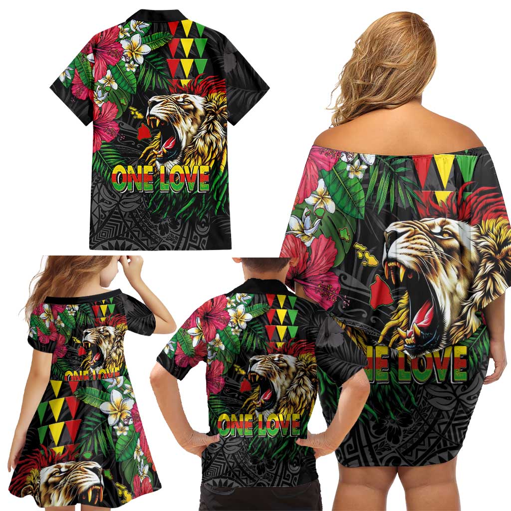 Hawaiian One Love Family Matching Off Shoulder Short Dress and Hawaiian Shirt Reggae Lion Tropical Plants and Kakau with Tribal Pattern
