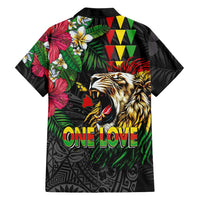 Hawaiian One Love Family Matching Off Shoulder Short Dress and Hawaiian Shirt Reggae Lion Tropical Plants and Kakau with Tribal Pattern