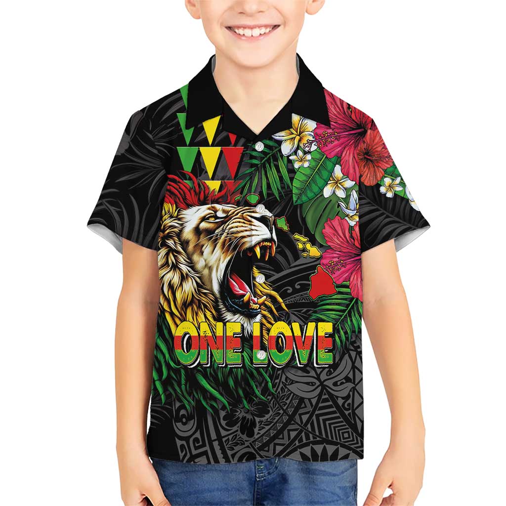 Hawaiian One Love Family Matching Off Shoulder Short Dress and Hawaiian Shirt Reggae Lion Tropical Plants and Kakau with Tribal Pattern