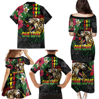 Hawaiian One Love Family Matching Puletasi and Hawaiian Shirt Reggae Lion Tropical Plants and Kakau with Tribal Pattern