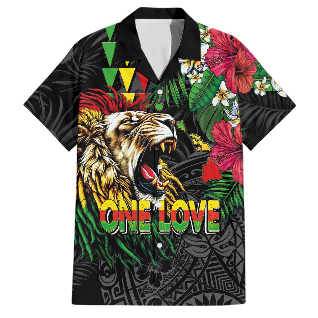 Hawaiian One Love Family Matching Puletasi and Hawaiian Shirt Reggae Lion Tropical Plants and Kakau with Tribal Pattern