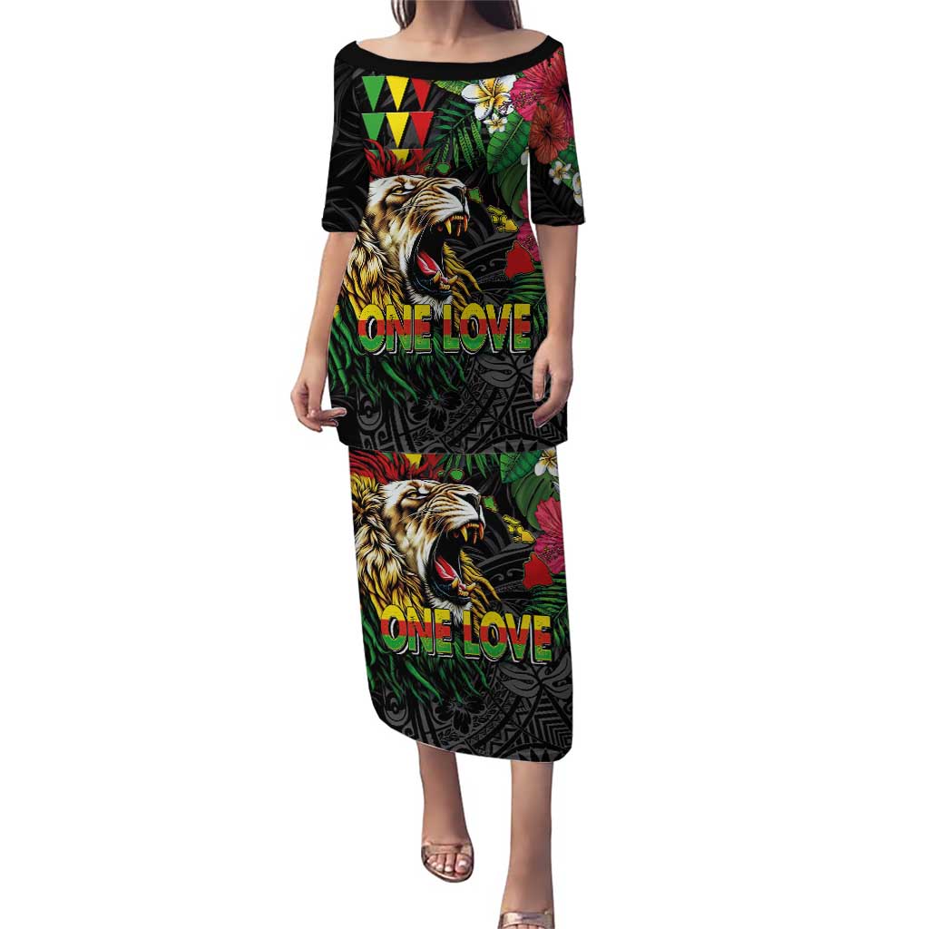 Hawaiian One Love Family Matching Puletasi and Hawaiian Shirt Reggae Lion Tropical Plants and Kakau with Tribal Pattern