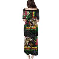 Hawaiian One Love Family Matching Puletasi and Hawaiian Shirt Reggae Lion Tropical Plants and Kakau with Tribal Pattern