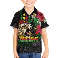 Hawaiian One Love Family Matching Puletasi and Hawaiian Shirt Reggae Lion Tropical Plants and Kakau with Tribal Pattern