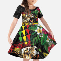 Hawaiian One Love Family Matching Summer Maxi Dress and Hawaiian Shirt Reggae Lion Tropical Plants and Kakau with Tribal Pattern