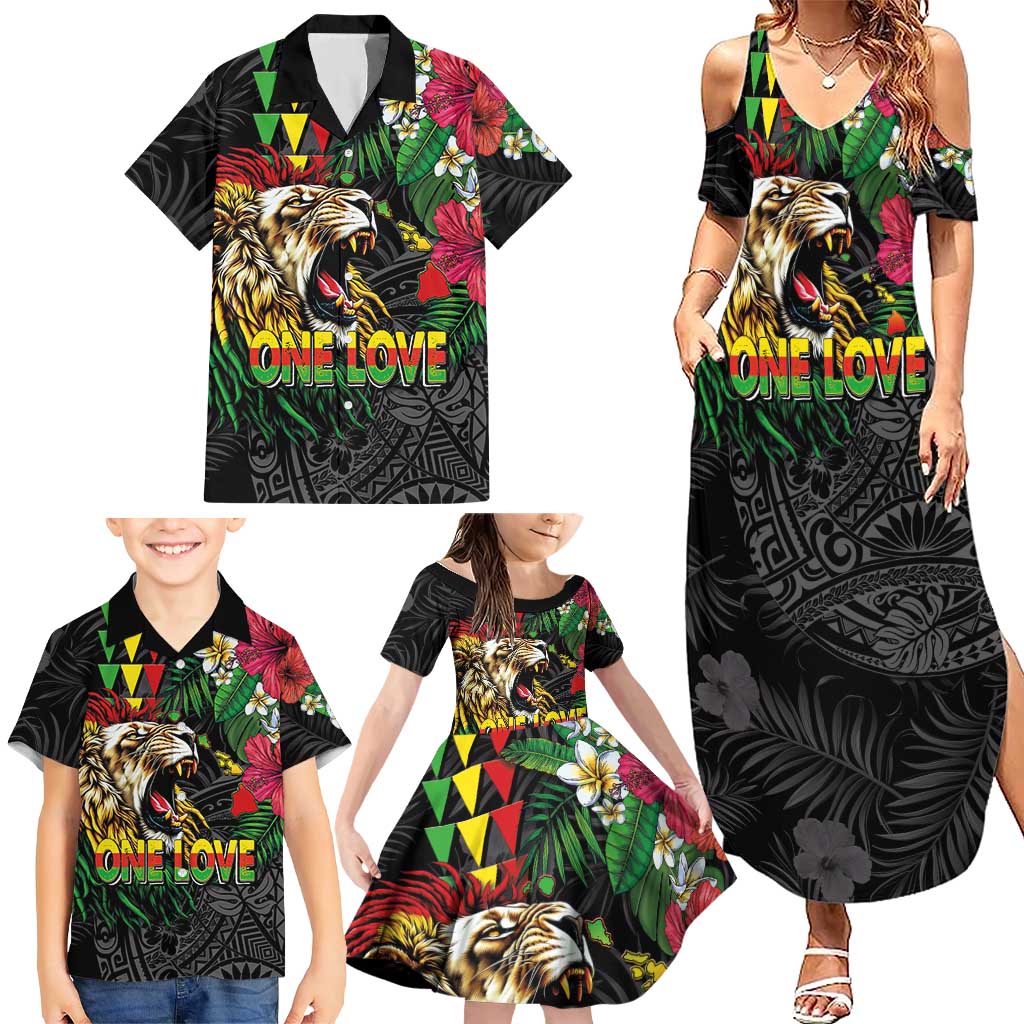 Hawaiian One Love Family Matching Summer Maxi Dress and Hawaiian Shirt Reggae Lion Tropical Plants and Kakau with Tribal Pattern