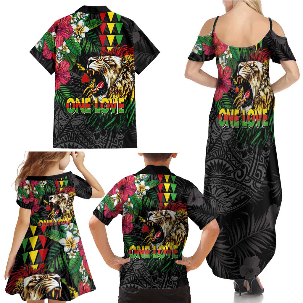 Hawaiian One Love Family Matching Summer Maxi Dress and Hawaiian Shirt Reggae Lion Tropical Plants and Kakau with Tribal Pattern