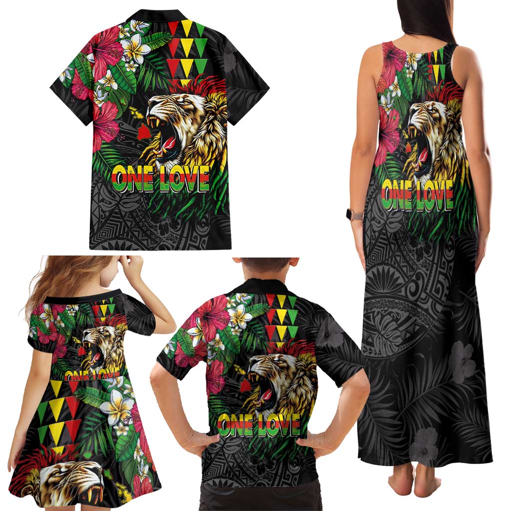 Hawaiian One Love Family Matching Tank Maxi Dress and Hawaiian Shirt Reggae Lion Tropical Plants and Kakau with Tribal Pattern