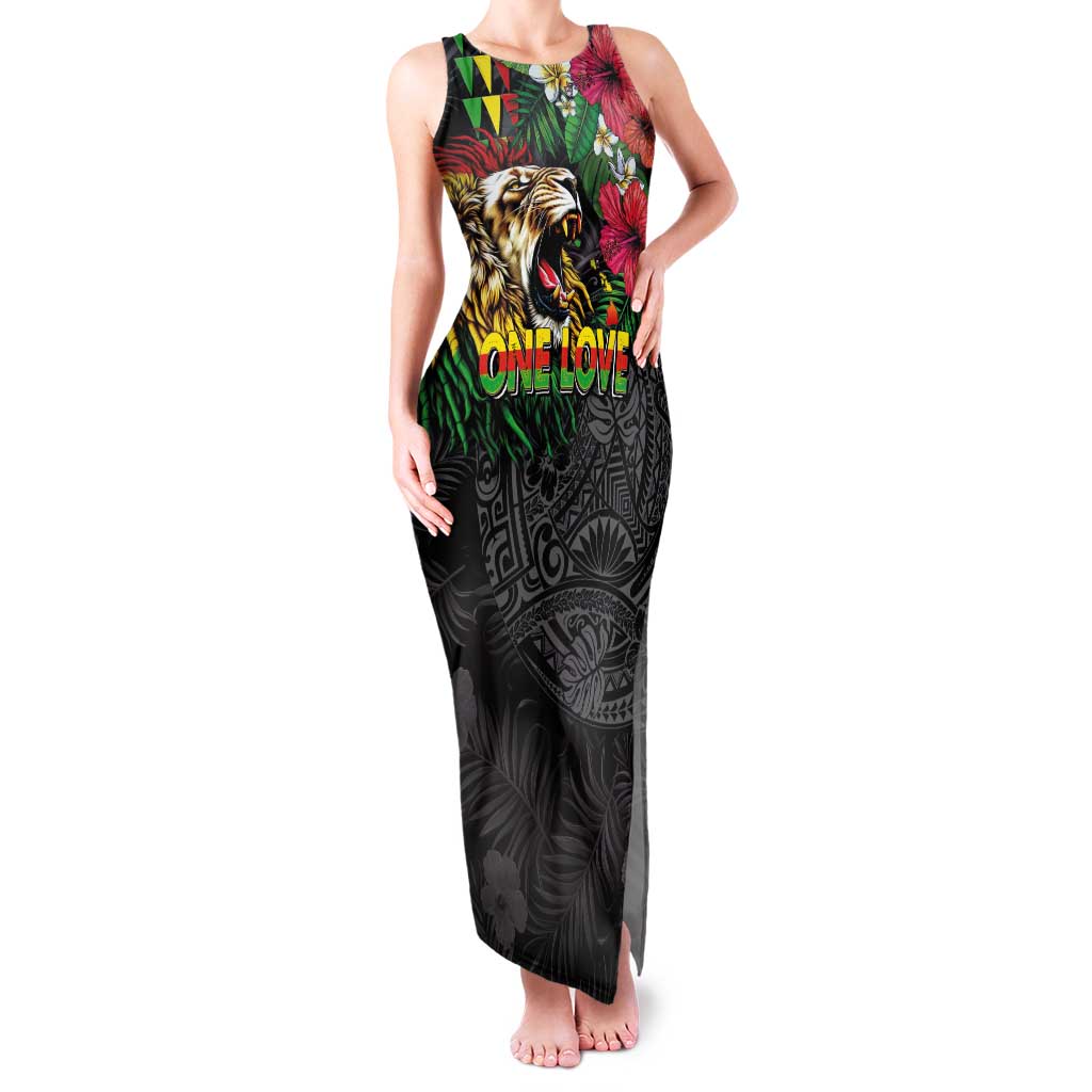 Hawaiian One Love Family Matching Tank Maxi Dress and Hawaiian Shirt Reggae Lion Tropical Plants and Kakau with Tribal Pattern