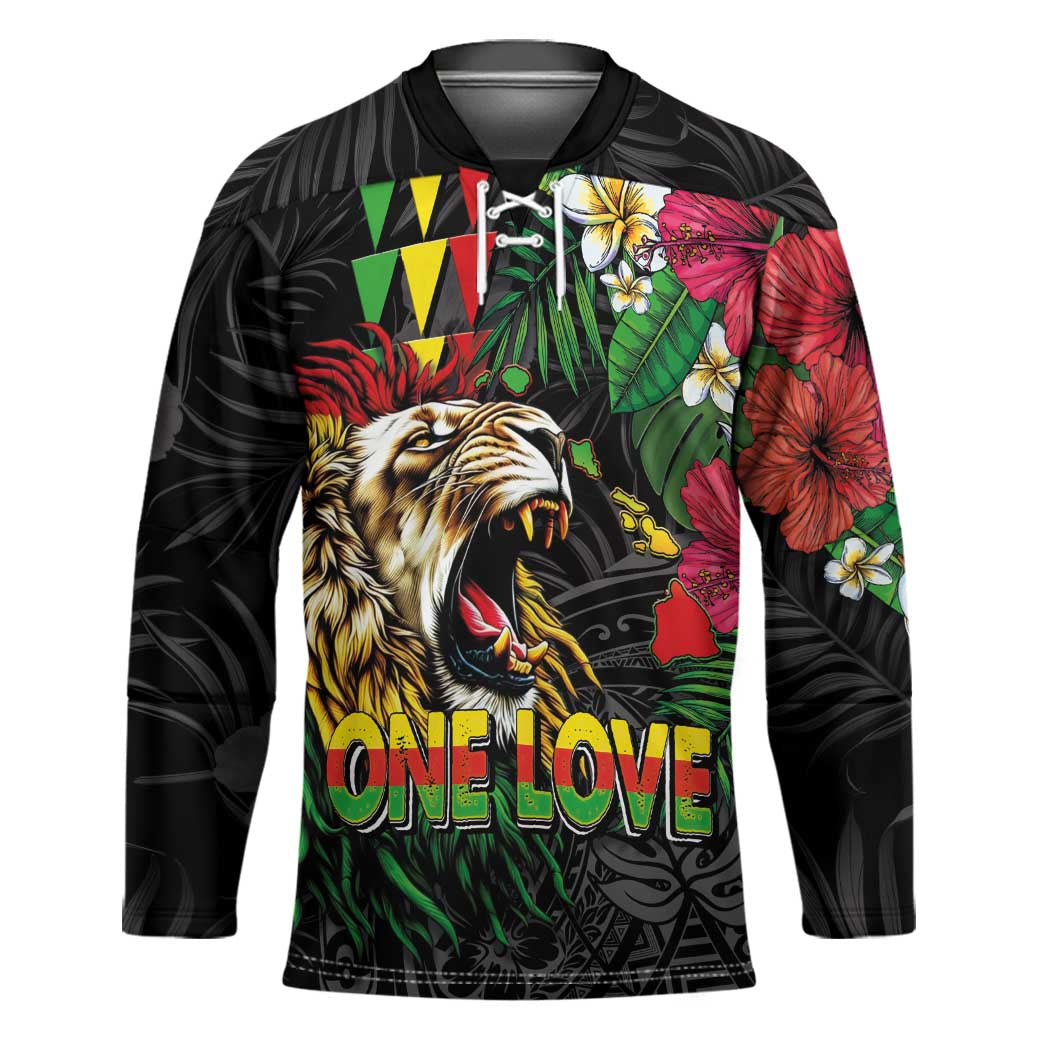 Hawaiian One Love Hockey Jersey Reggae Lion Tropical Plants and Kakau with Tribal Pattern
