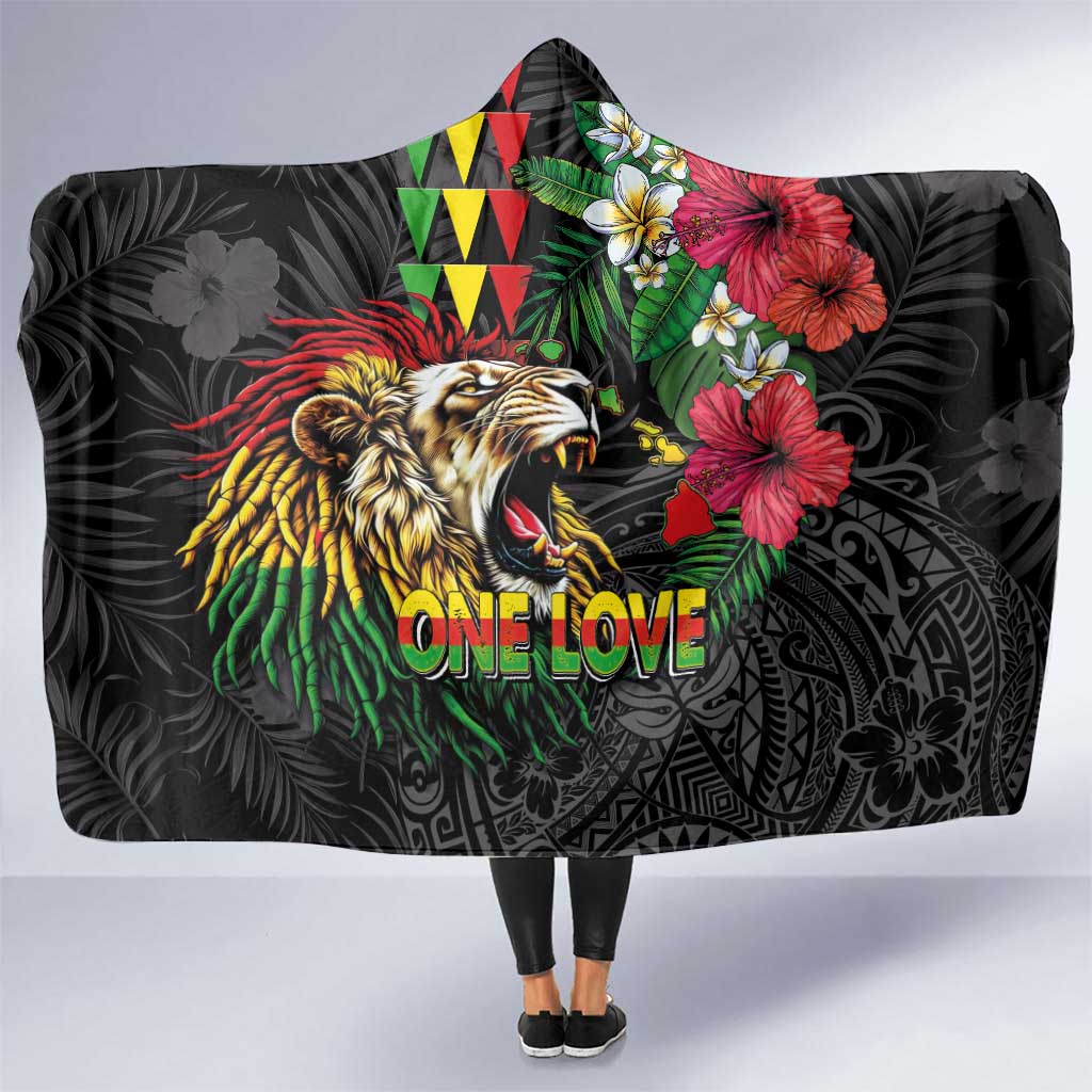 Hawaiian One Love Hooded Blanket Reggae Lion Tropical Plants and Kakau with Tribal Pattern