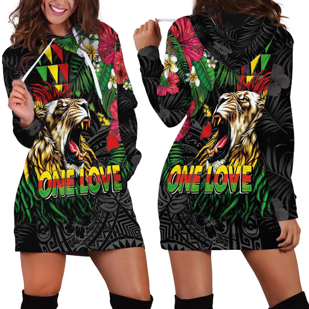 Hawaiian One Love Hoodie Dress Reggae Lion Tropical Plants and Kakau with Tribal Pattern LT03 - Polynesian Pride