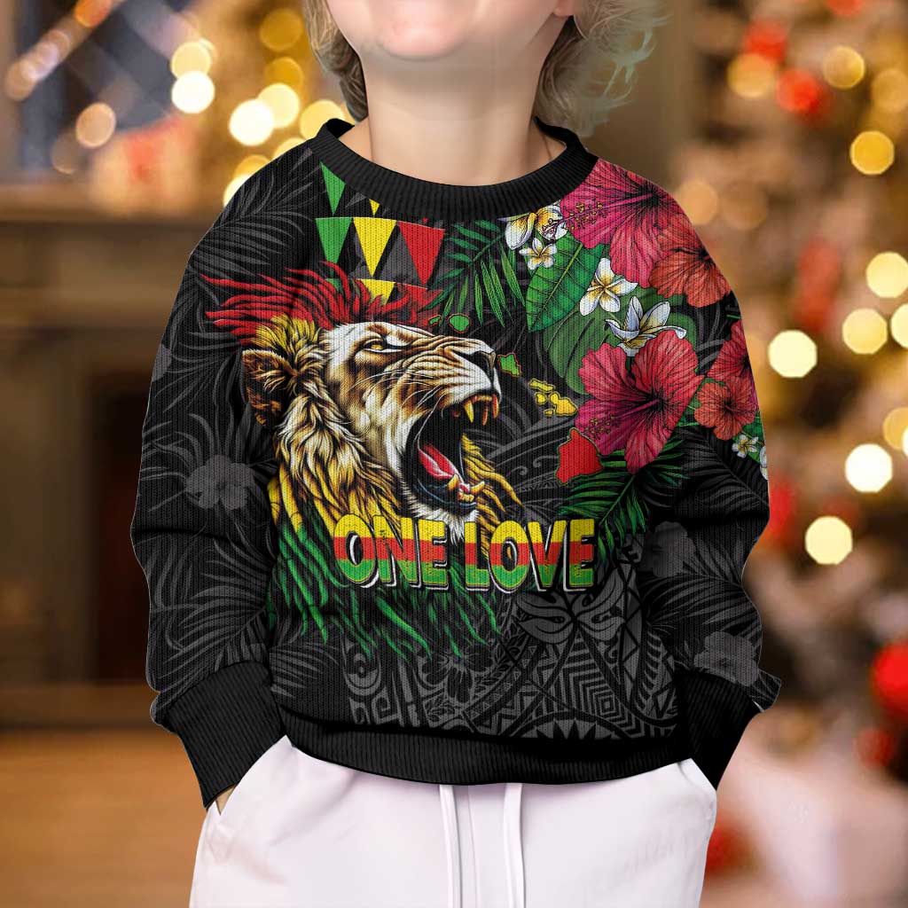 Hawaiian One Love Kid Ugly Christmas Sweater Reggae Lion Tropical Plants and Kakau with Tribal Pattern