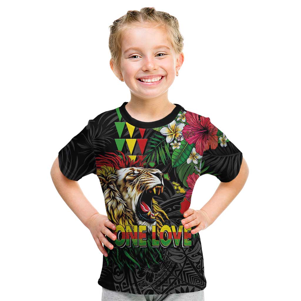 Hawaiian One Love Kid T Shirt Reggae Lion Tropical Plants and Kakau with Tribal Pattern