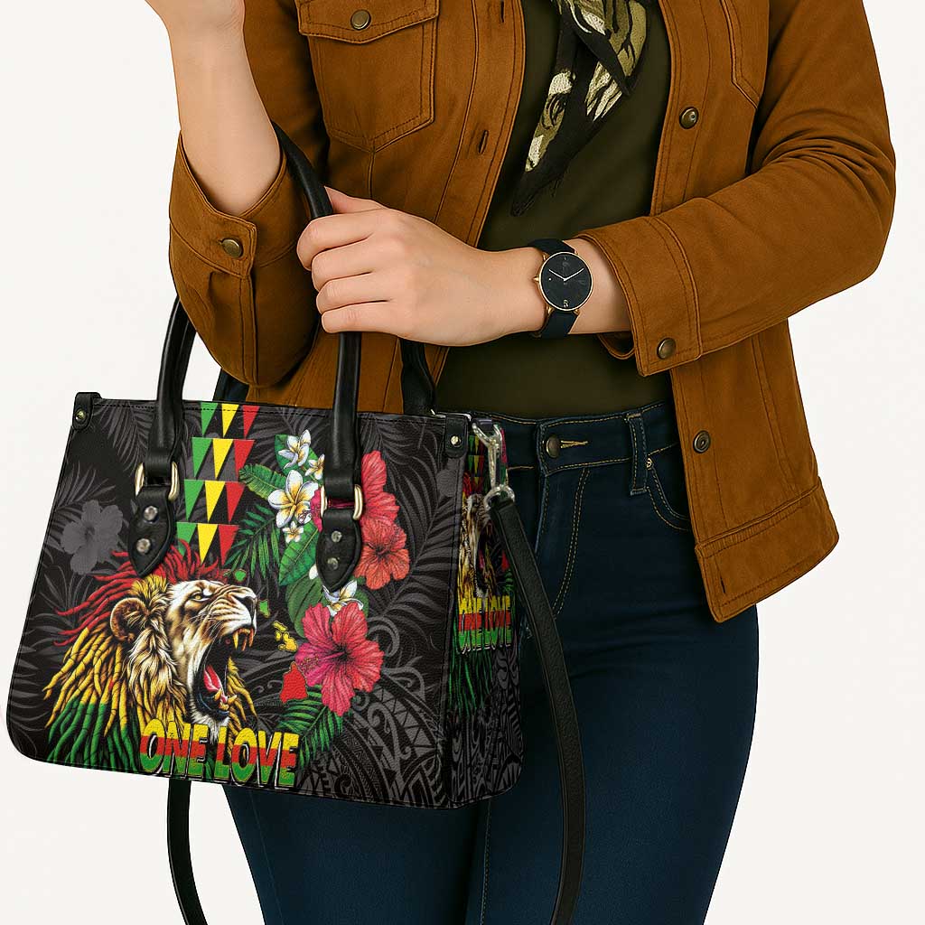 Hawaiian One Love Leather Bag Reggae Lion Tropical Plants and Kakau with Tribal Pattern LT03 - Polynesian Pride