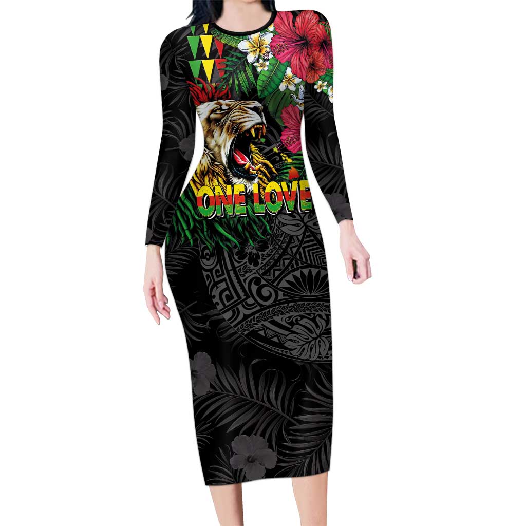 Hawaiian One Love Long Sleeve Bodycon Dress Reggae Lion Tropical Plants and Kakau with Tribal Pattern