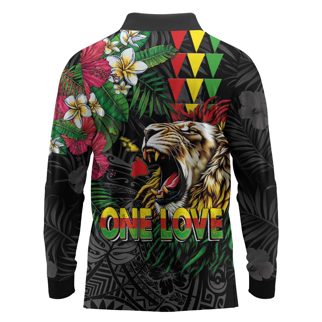 Hawaiian One Love Long Sleeve Polo Shirt Reggae Lion Tropical Plants and Kakau with Tribal Pattern