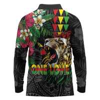 Hawaiian One Love Long Sleeve Polo Shirt Reggae Lion Tropical Plants and Kakau with Tribal Pattern