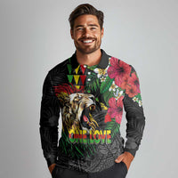 Hawaiian One Love Long Sleeve Polo Shirt Reggae Lion Tropical Plants and Kakau with Tribal Pattern