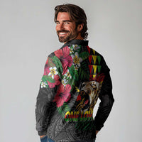 Hawaiian One Love Long Sleeve Polo Shirt Reggae Lion Tropical Plants and Kakau with Tribal Pattern