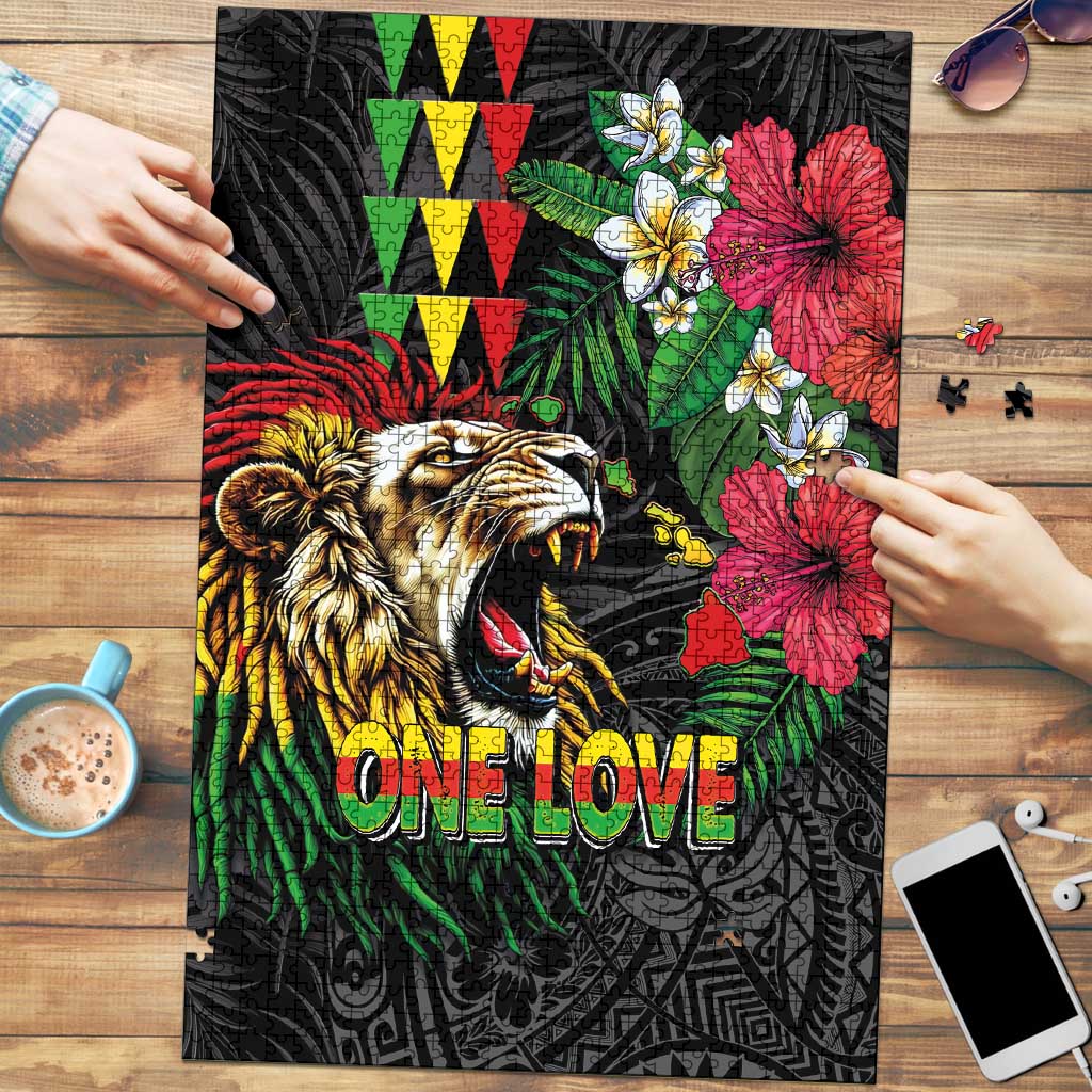 Hawaiian One Love Puzzle Reggae Lion Tropical Plants and Kakau with Tribal Pattern