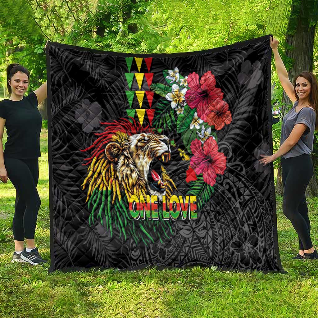 Hawaiian One Love Quilt Reggae Lion Tropical Plants and Kakau with Tribal Pattern LT03 - Polynesian Pride