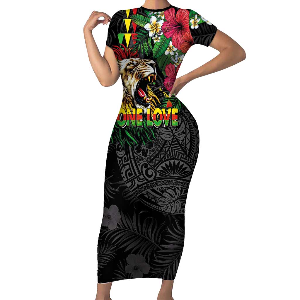 Hawaiian One Love Short Sleeve Bodycon Dress Reggae Lion Tropical Plants and Kakau with Tribal Pattern LT03 Long Dress Black - Polynesian Pride