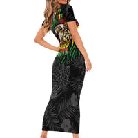 Hawaiian One Love Short Sleeve Bodycon Dress Reggae Lion Tropical Plants and Kakau with Tribal Pattern LT03 - Polynesian Pride