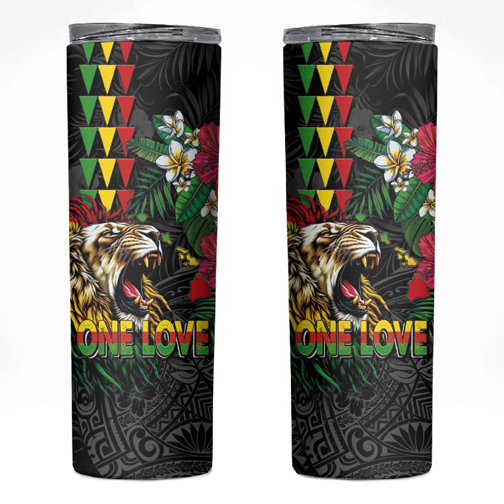 Hawaiian One Love Skinny Tumbler Reggae Lion Tropical Plants and Kakau with Tribal Pattern