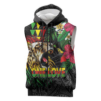 Hawaiian One Love Sleeveless Zip Hoodie Reggae Lion Tropical Plants and Kakau with Tribal Pattern