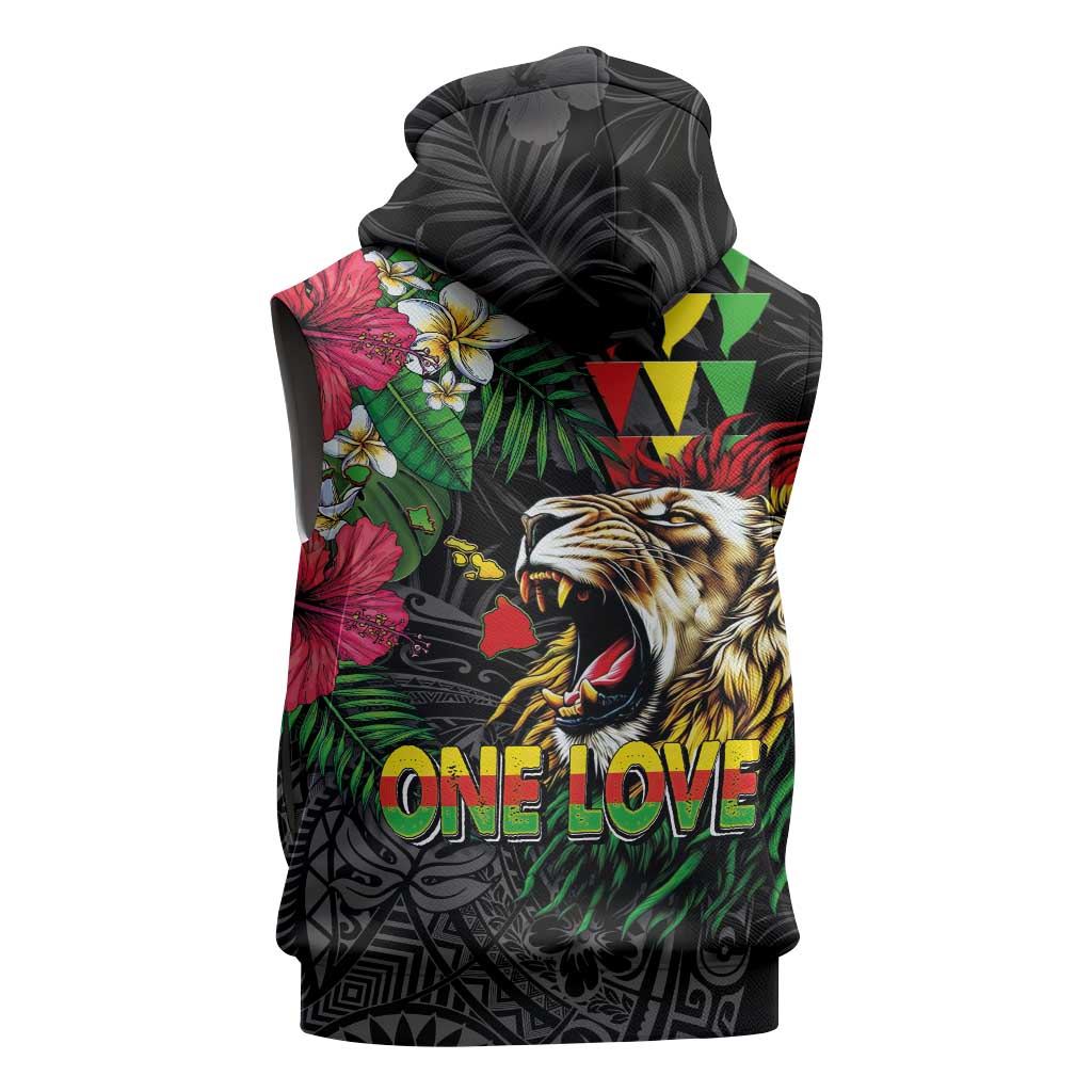 Hawaiian One Love Sleeveless Zip Hoodie Reggae Lion Tropical Plants and Kakau with Tribal Pattern