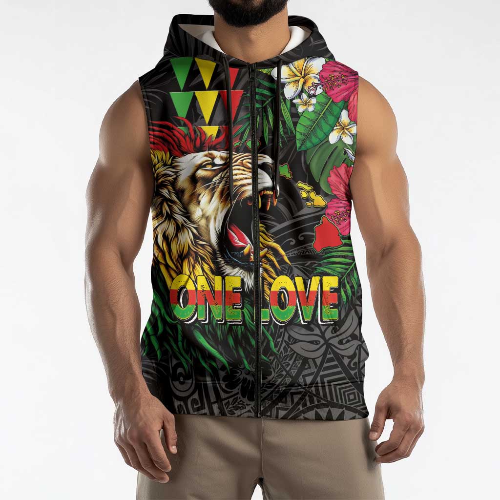 Hawaiian One Love Sleeveless Zip Hoodie Reggae Lion Tropical Plants and Kakau with Tribal Pattern