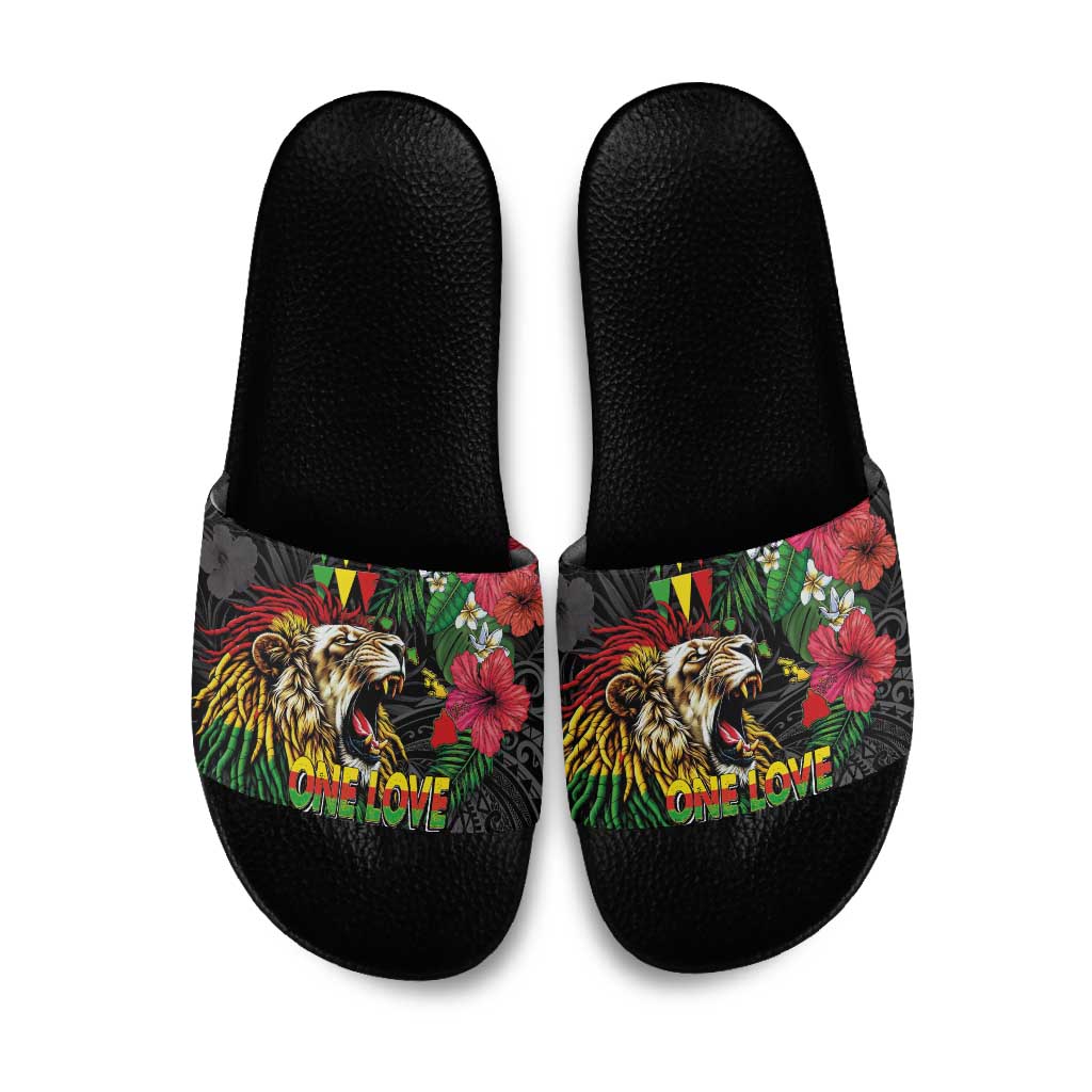 Hawaiian One Love Slide Sandals Reggae Lion Tropical Plants and Kakau with Tribal Pattern