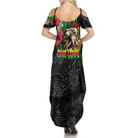 Hawaiian One Love Summer Maxi Dress Reggae Lion Tropical Plants and Kakau with Tribal Pattern LT03 - Polynesian Pride