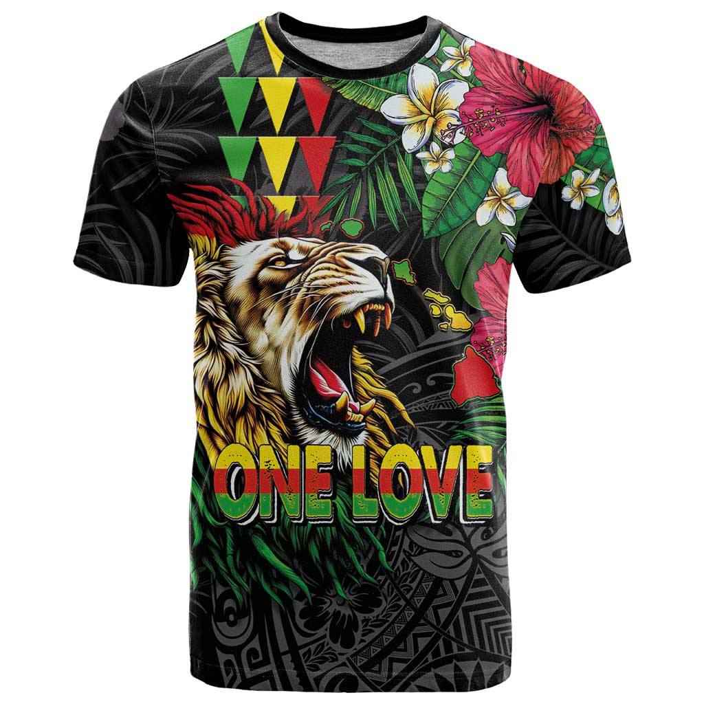 Hawaiian One Love T Shirt Reggae Lion Tropical Plants and Kakau with Tribal Pattern