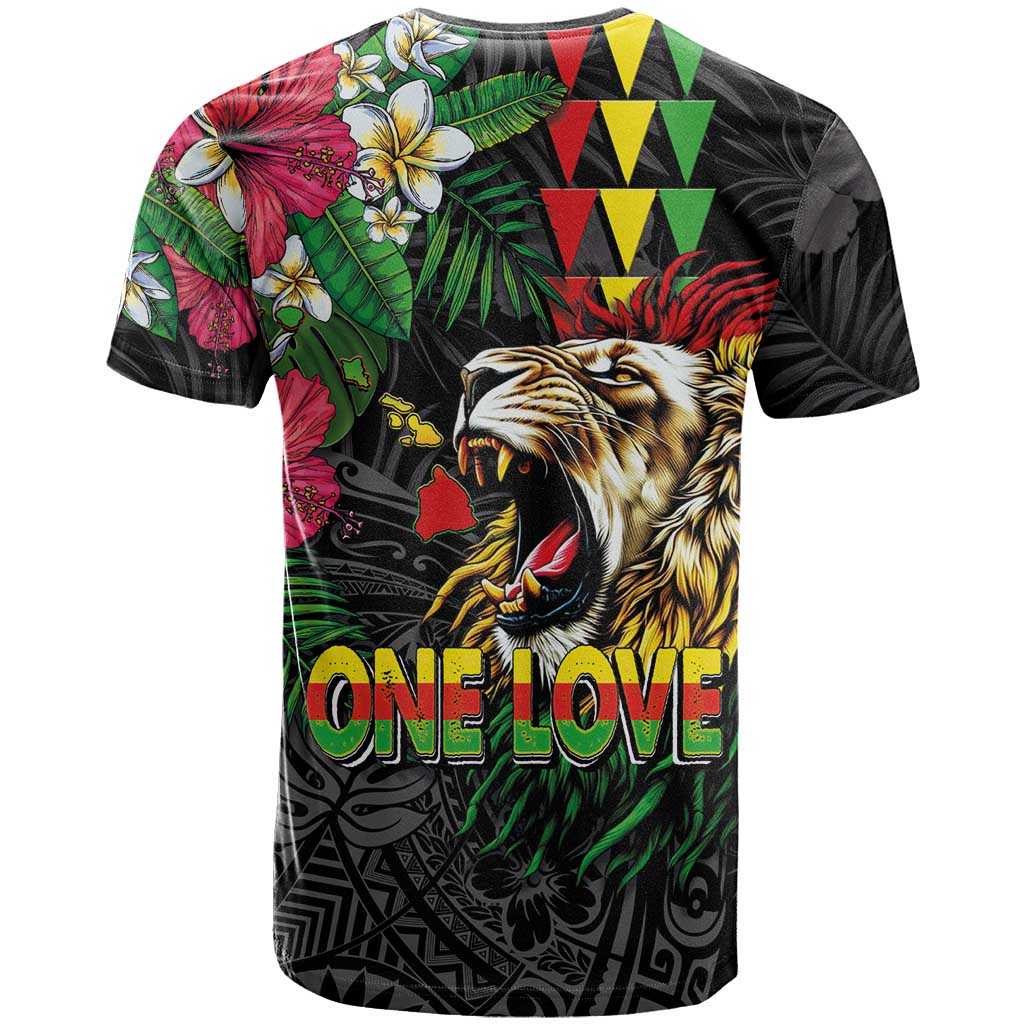 Hawaiian One Love T Shirt Reggae Lion Tropical Plants and Kakau with Tribal Pattern
