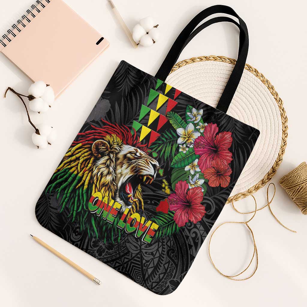 Hawaiian One Love Tote Bag Reggae Lion Tropical Plants and Kakau with Tribal Pattern