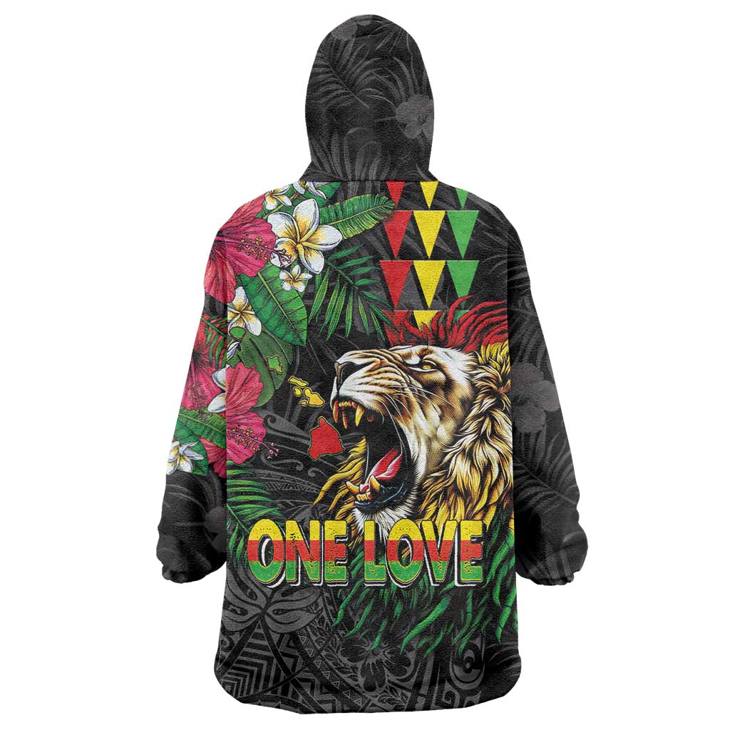 Hawaiian One Love Wearable Blanket Hoodie Reggae Lion Tropical Plants and Kakau with Tribal Pattern