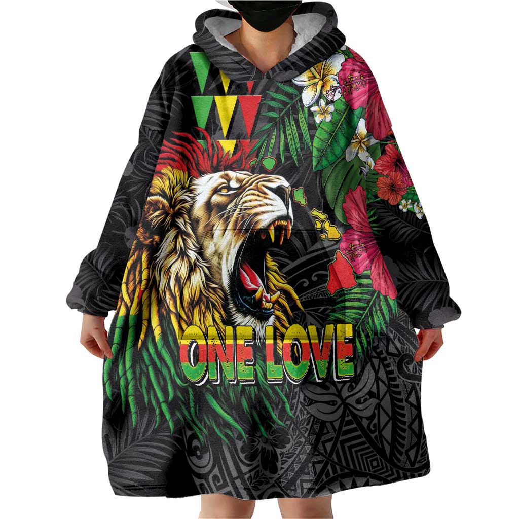 Hawaiian One Love Wearable Blanket Hoodie Reggae Lion Tropical Plants and Kakau with Tribal Pattern