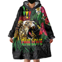 Hawaiian One Love Wearable Blanket Hoodie Reggae Lion Tropical Plants and Kakau with Tribal Pattern