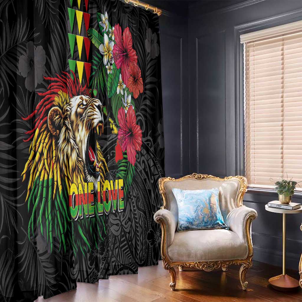 Hawaiian One Love Window Curtain Reggae Lion Tropical Plants and Kakau with Tribal Pattern