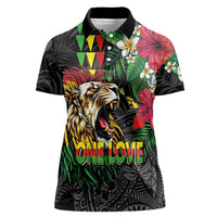 Hawaiian One Love Women Polo Shirt Reggae Lion Tropical Plants and Kakau with Tribal Pattern LT03 Female Black - Polynesian Pride