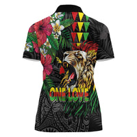 Hawaiian One Love Women Polo Shirt Reggae Lion Tropical Plants and Kakau with Tribal Pattern LT03 - Polynesian Pride