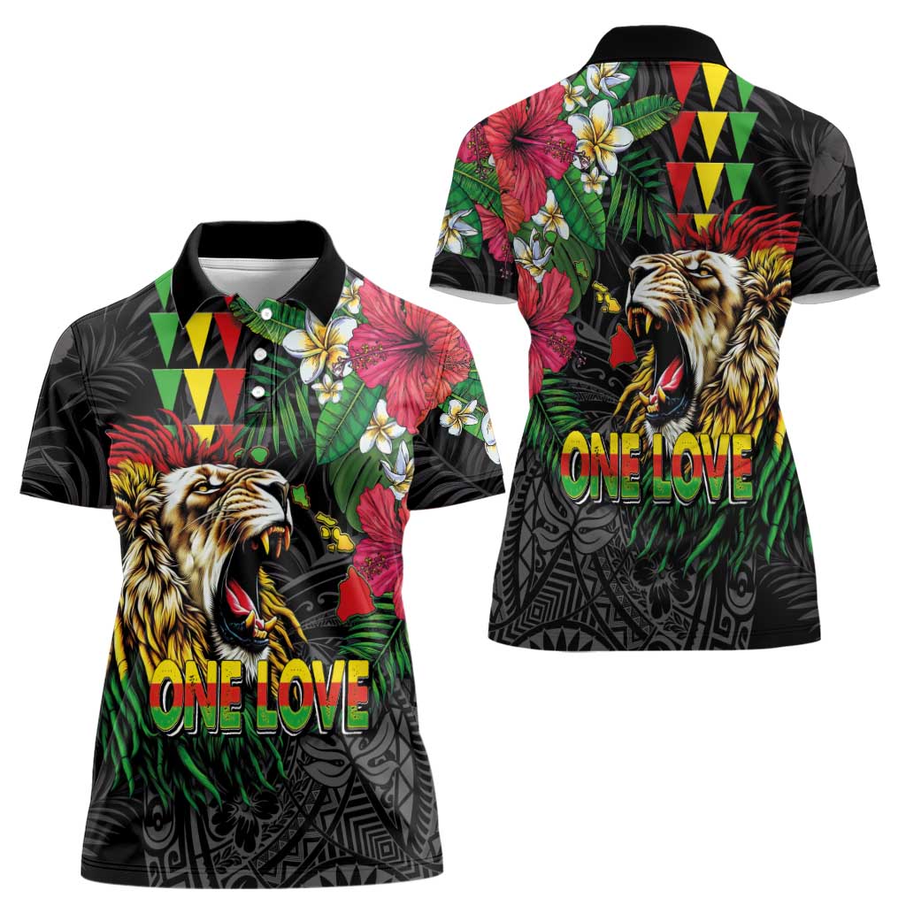 Hawaiian One Love Women Polo Shirt Reggae Lion Tropical Plants and Kakau with Tribal Pattern LT03 - Polynesian Pride